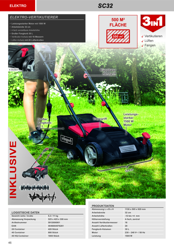 Scheppach 32 cm 1500 W Elektro-Vertikutierer inkl. Messerwalze & Lüfterwalze 5912006901