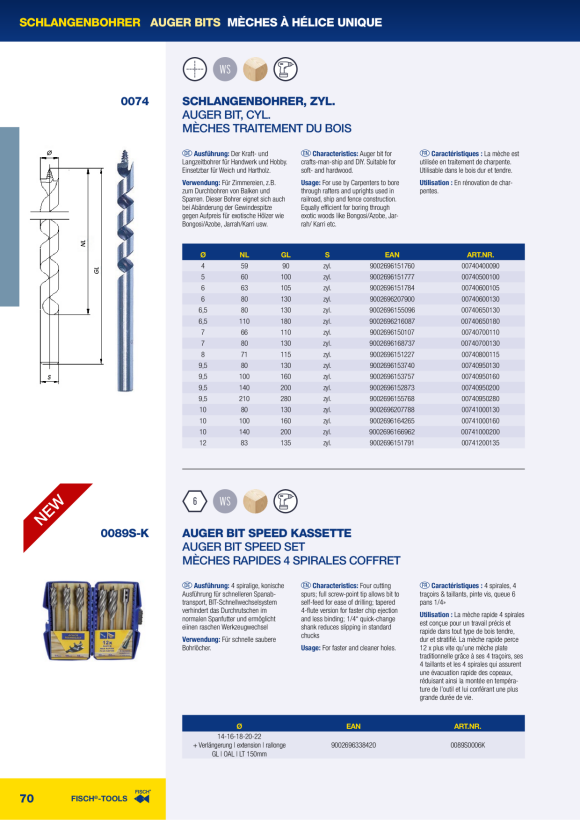 FISCH AUGER BIT SPEED SET  6-TLG 0089S0006K