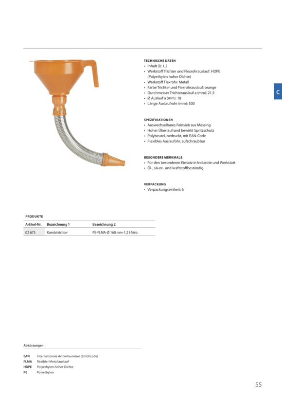 Pressol Katalysator-Trichter, Polyethylen, flexibler Auslauf, Ø 160 mm, 1,2 l, Sieb 02 674
