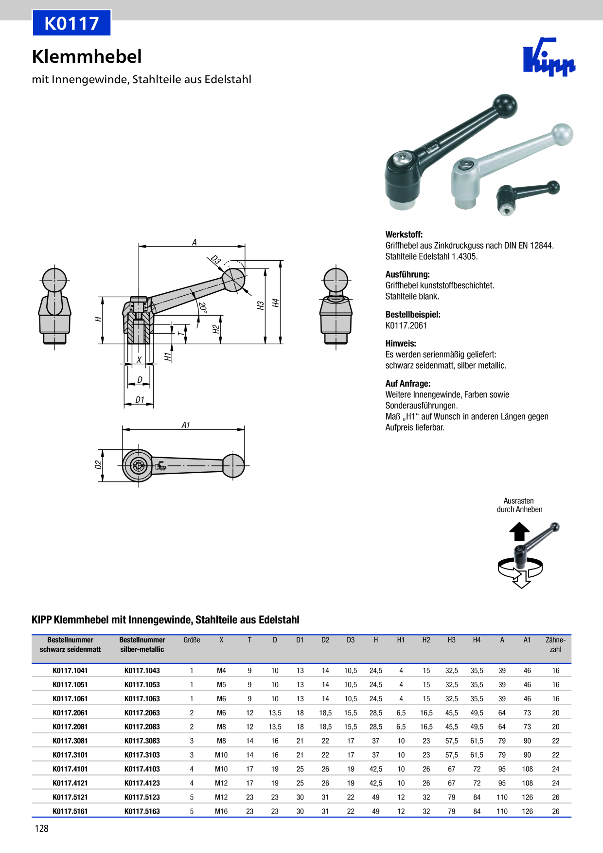 KIPP Klemmhebel Gr.3 M08X60 Zink, silbermetallic, Komp Stahl K0116