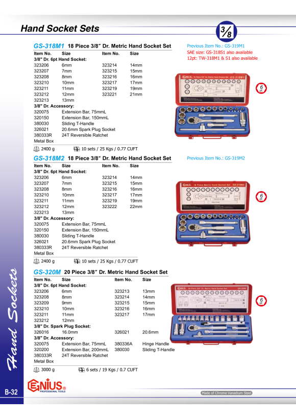 GENIUS 3/8" Nussset, Langnussset 7 - 22mm metrisch 32tlg. GS-332M