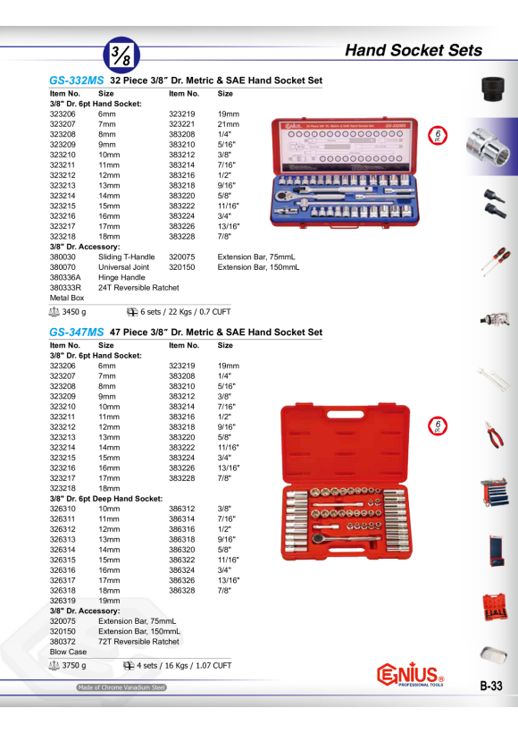 GENIUS 3/8" Nussset, Langnussset 7 - 22mm metrisch 32tlg. GS-332M