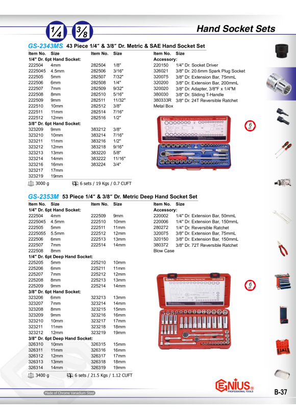 GENIUS 3/8" Nusskasten, Ratschenkasten mit Bitnüssen metrisch 54tlg. EU-354M