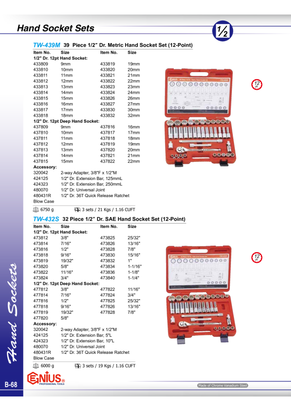 GENIUS 1/2" Ratschenkasten Zoll SAE 32tlg. TW-432S